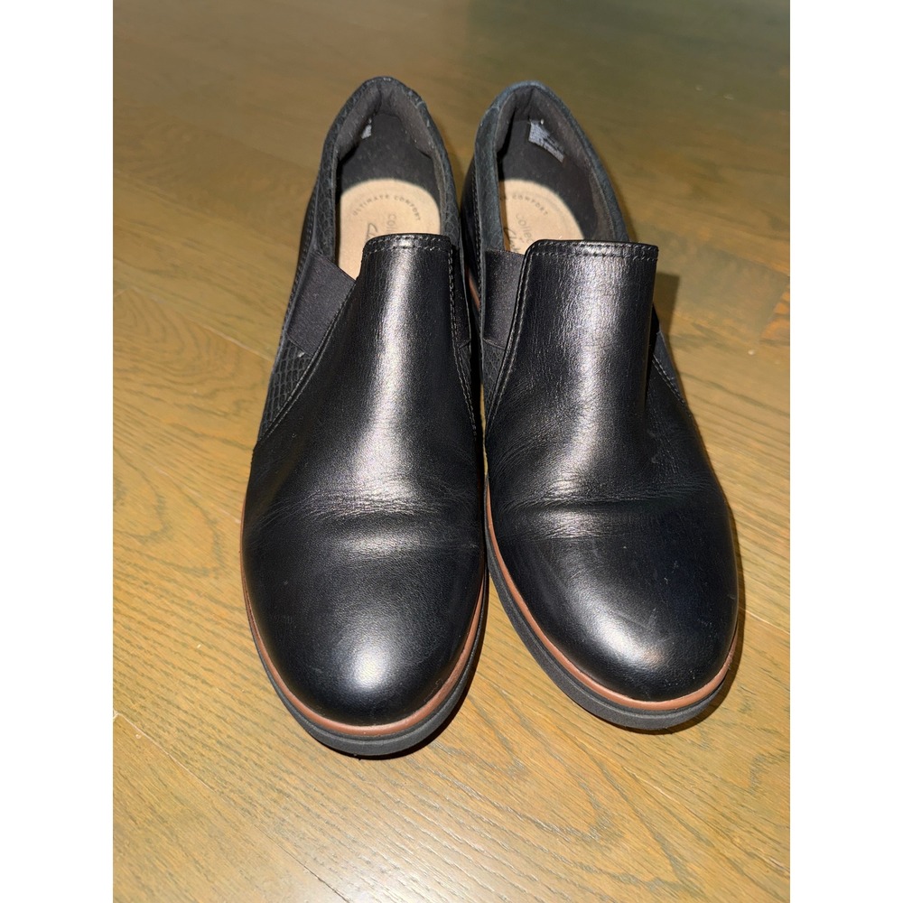 Clarks‎ Collection Black Leather Wedge Loafers Snakeskin Accent Womens 9